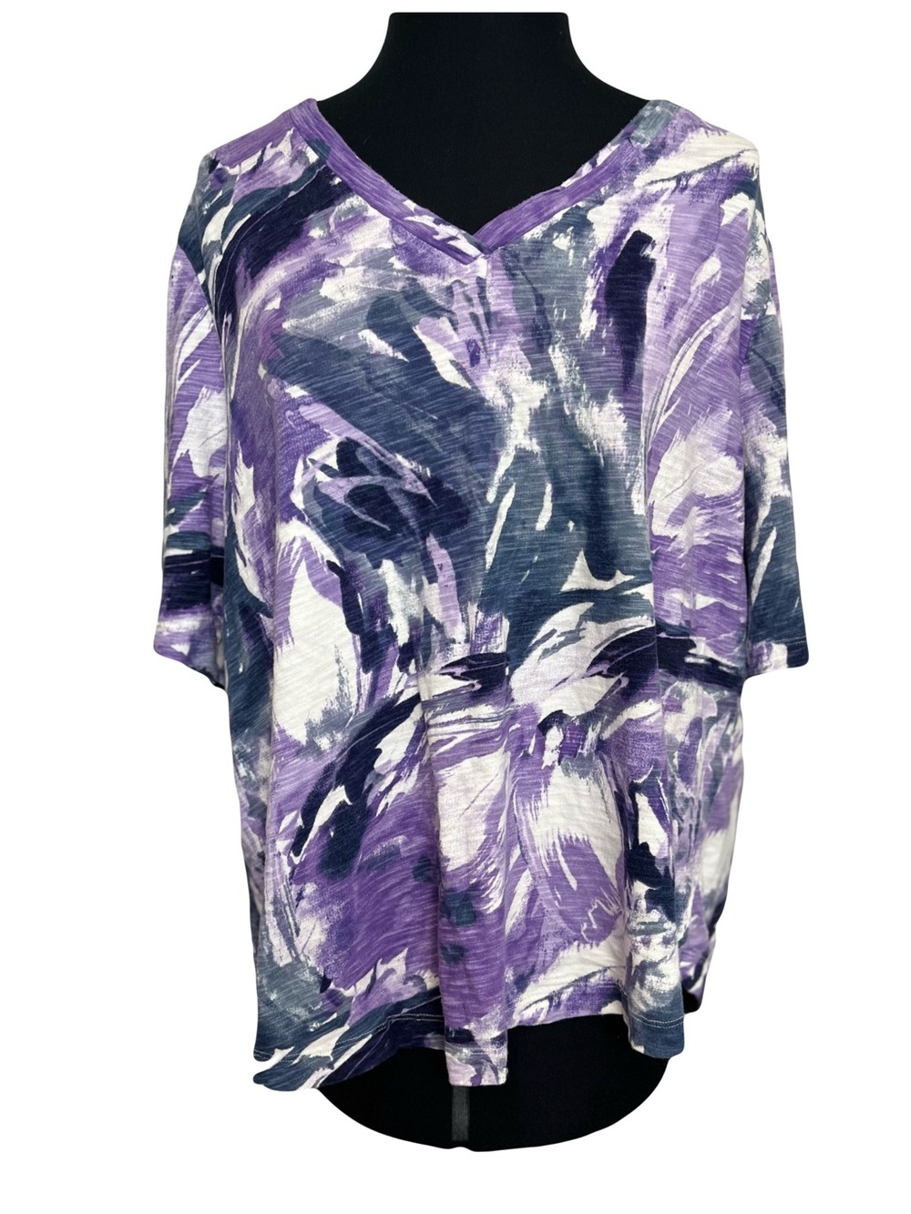 Chico’s | Purple Abstract Print Layered V-Neck Short Sleeve Boxy Tee, XXL